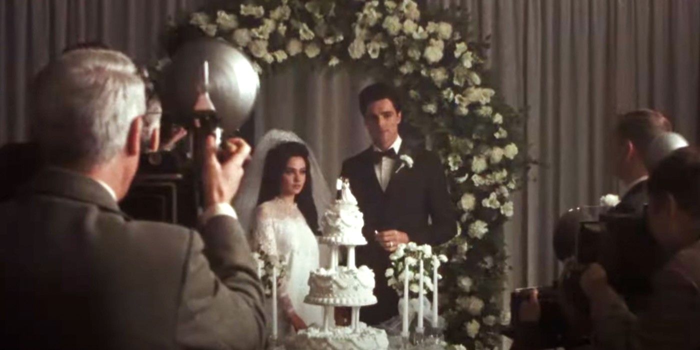 Cailee Spaeny as Priscilla Presley and Jacob Elordi as Elvis Presley getting married in Priscilla