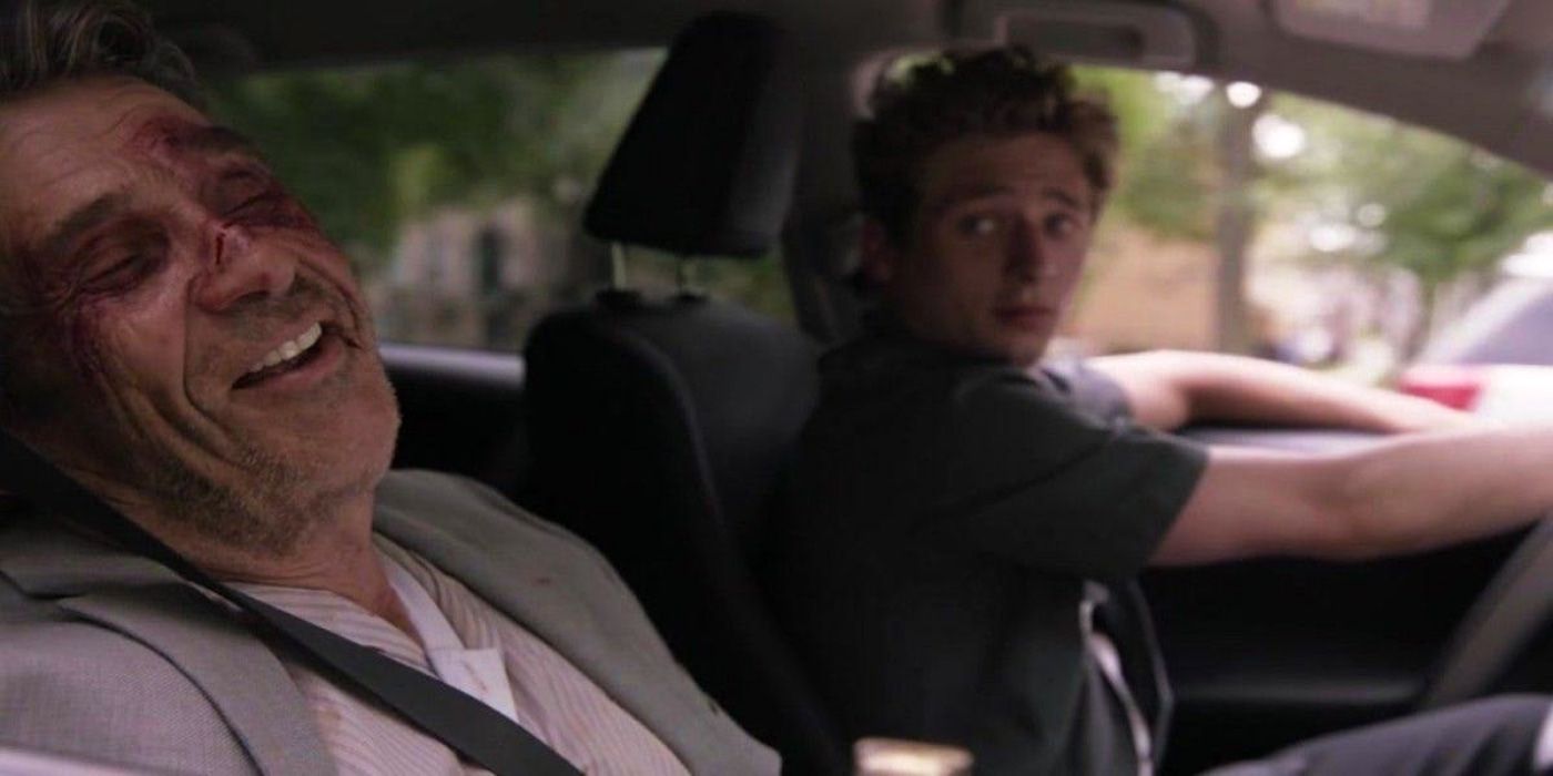 An injured Professor Youens and Lip in the car on Shameless