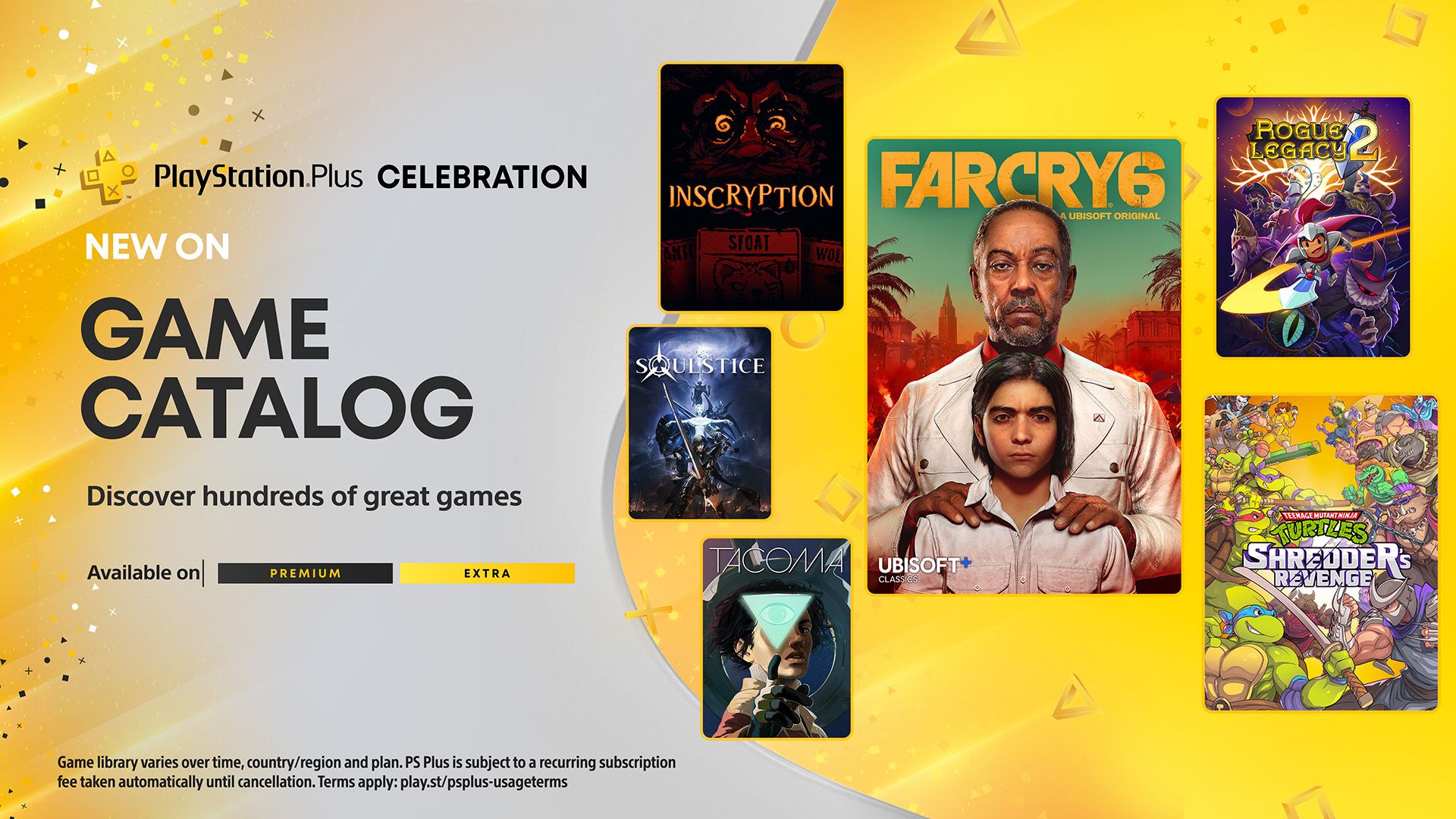 Infographic showing the games being added to PlayStation Plus' Extra and Premium catalog in June 2023 - a collage of cover art for Inscryption, Soulstice, Tacoma, Far Cry 6, Rogue Legacy 2, and TMNT: Shredder&rsquo;s Revenge.