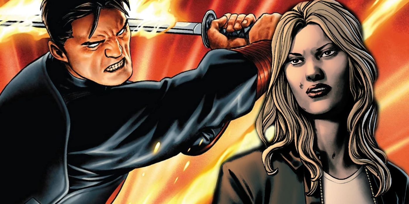 The Punisher swings a flaming sword while Maria Castle looks on in disdain.