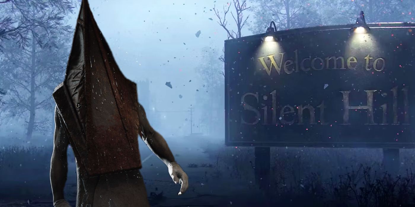 The concept art for pyramid head and the welcome sign for Silent Hill are combined in this collage.