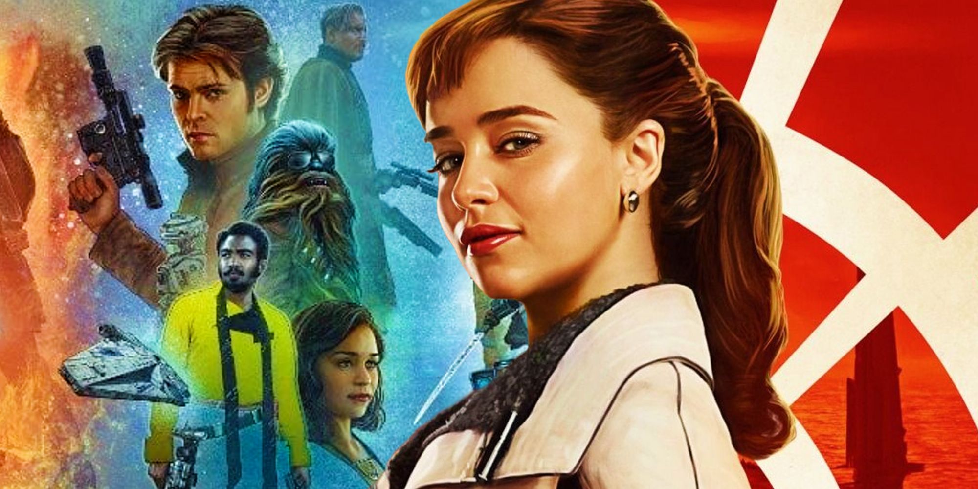 Emilia Clarke as Qi'ra next to artwork of the Solo A Star Wars Story characters