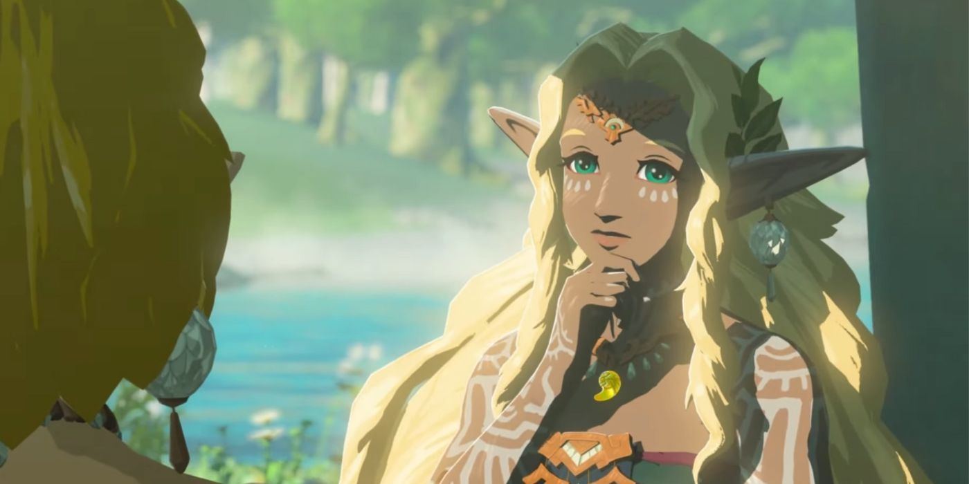 Queen Sonia in Tears Of The Kingdom, looking thoughtful while talking to Zelda.
