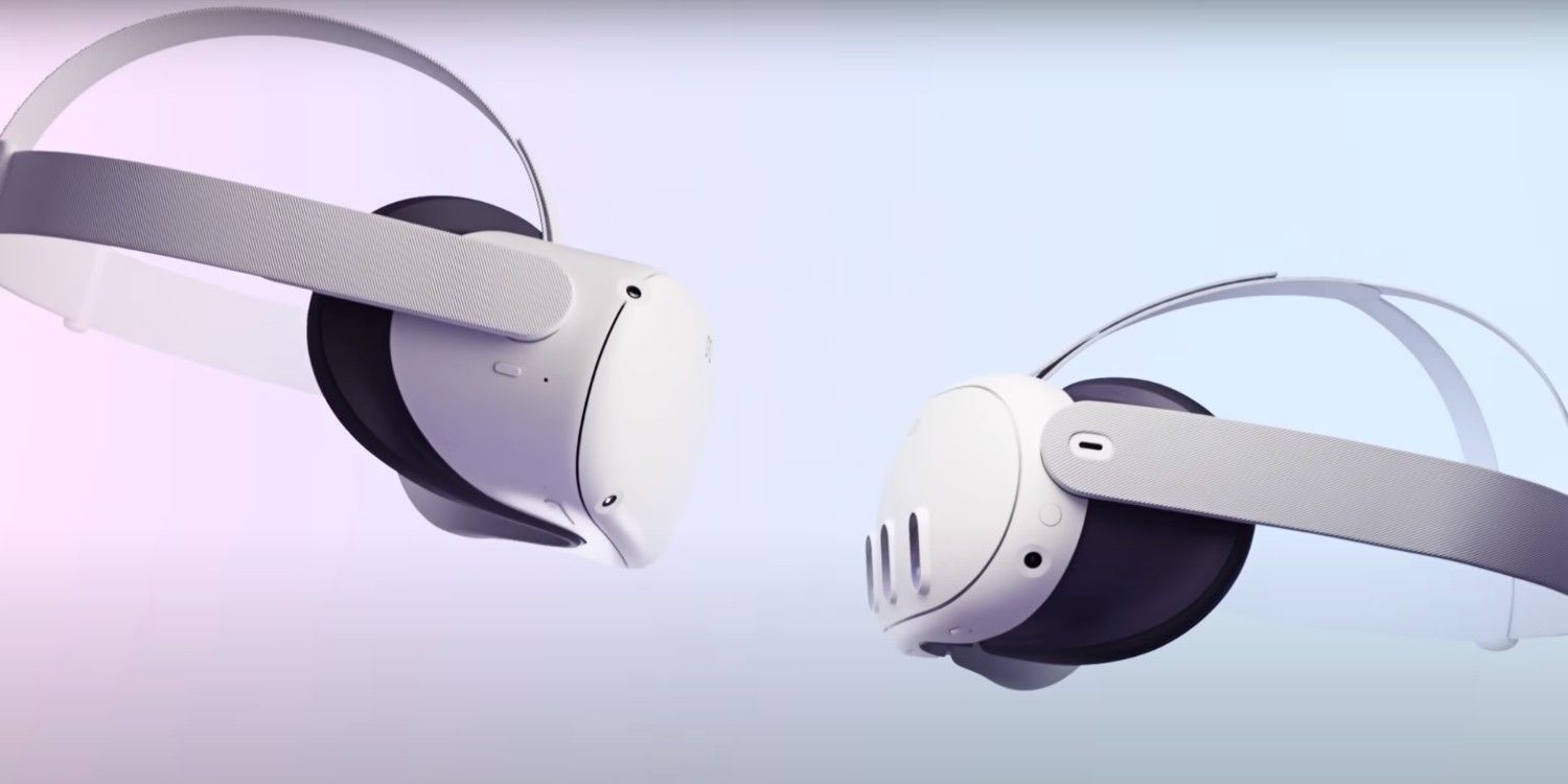 Meta's Quest 2 and Quest 3 VR headsets pictured facing each other.