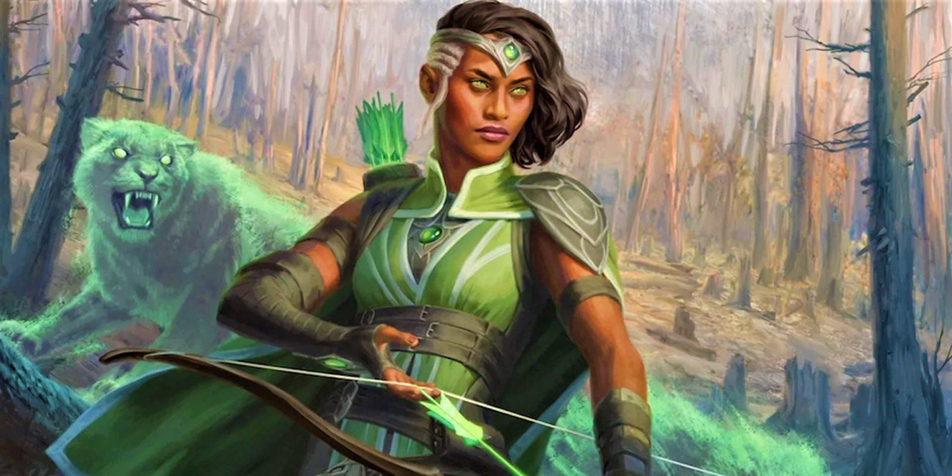 A green-clad ranger draws her bowstring in the woods. Behind her, a spectral panther roars. 