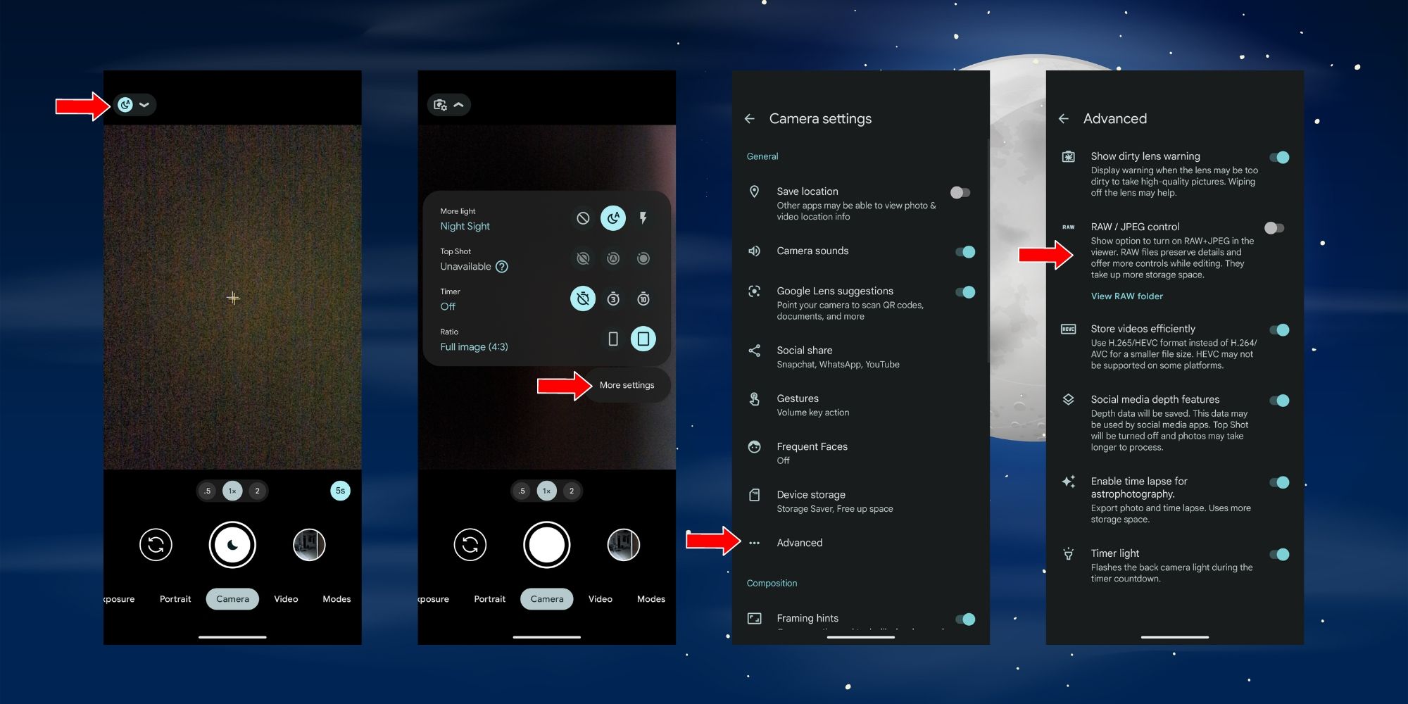 Screenshot langkah-langkah untuk mengaktifkan kontrol gambar Raw di ponsel Pixel