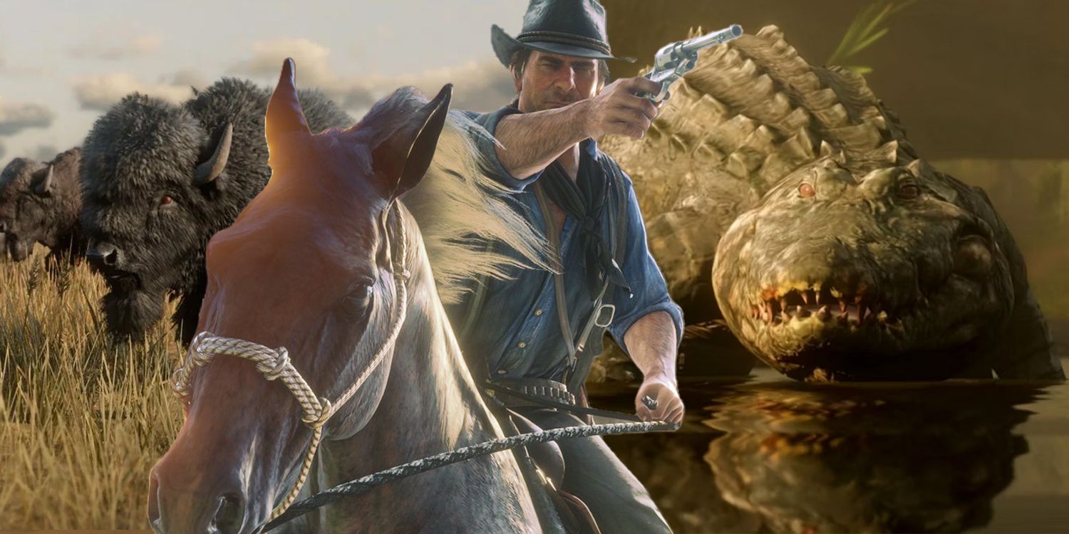 Read Dead Redemption 2 Arthur Morgan on horseback with an alligator and bison imposed behind him 