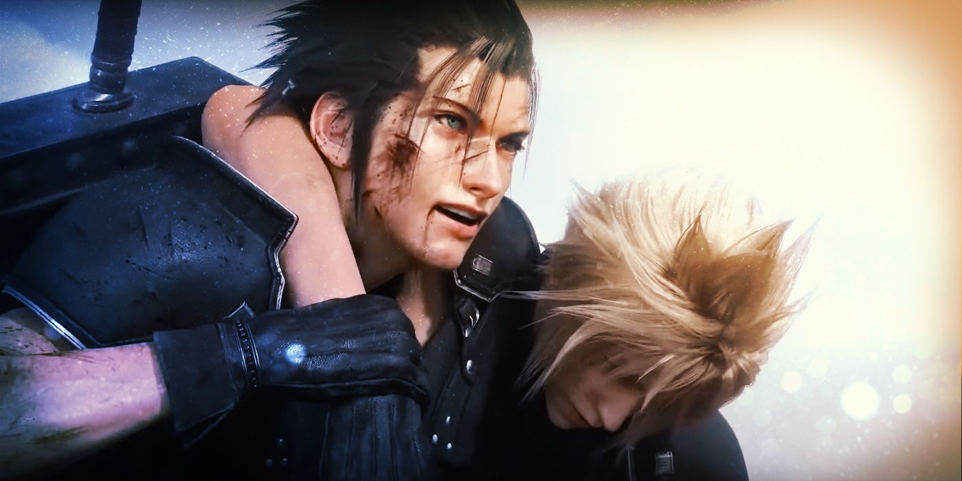 Zack Fair carrying an unconscious Cloud Strife in a cutscene near the end of Final Fantasy 7 Remake