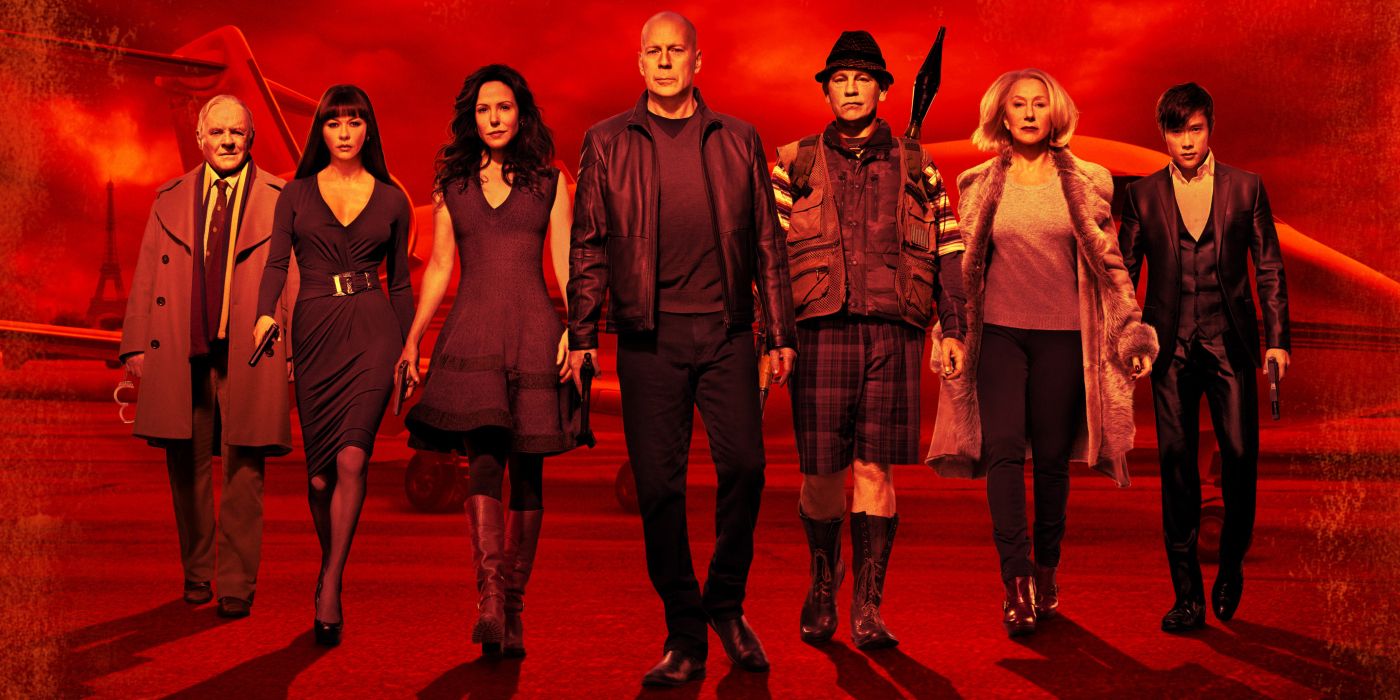 The main characters of Red 2 stand in a line, walking towards the camera, with a red overlay.