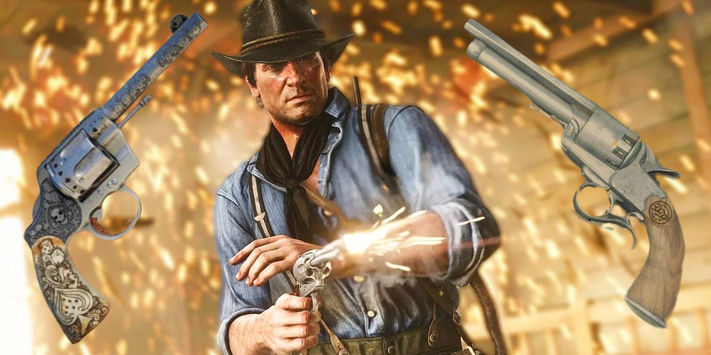 Arthur Morgan from RDR2 shooting a pistol as sparks fly behind him. Two rendered revolvers are to either side.