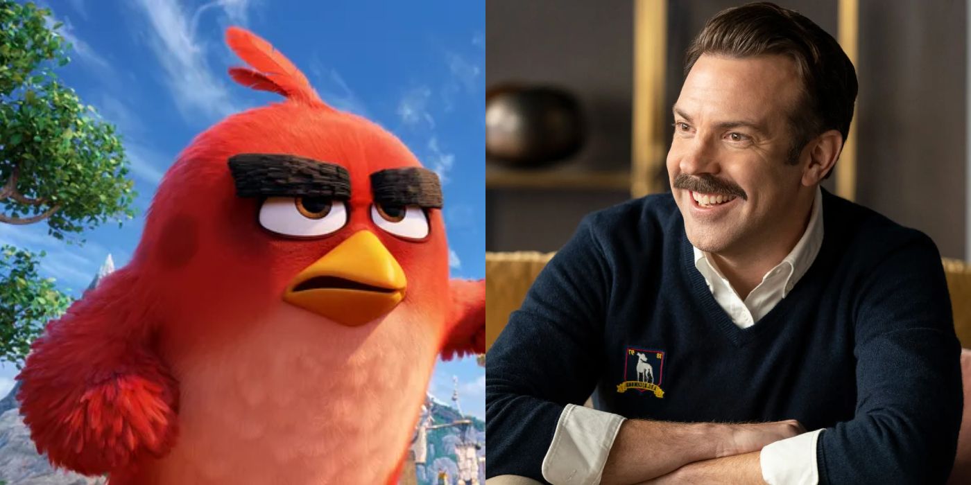 Red from The Angry Birds Movie is next to the voice actor Jason Sudeikis.