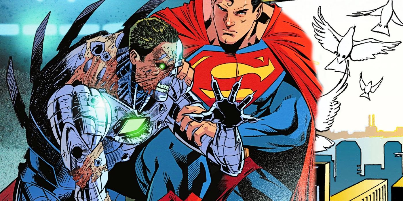 Superman helps Metallo to his feet against a backdrop of doves.