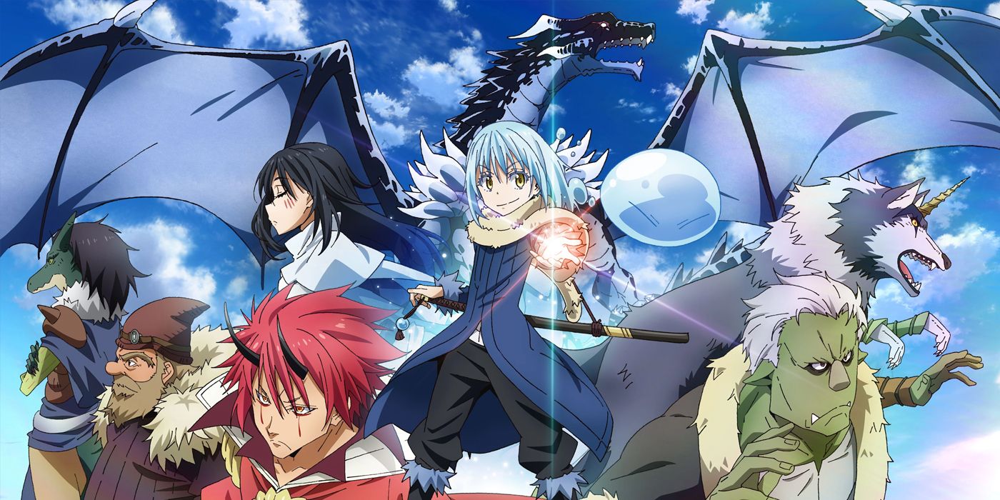 Promotional artwork from That Time I Got Reincarnated as a Slime's anime showing characters posing in front of a blue sky background