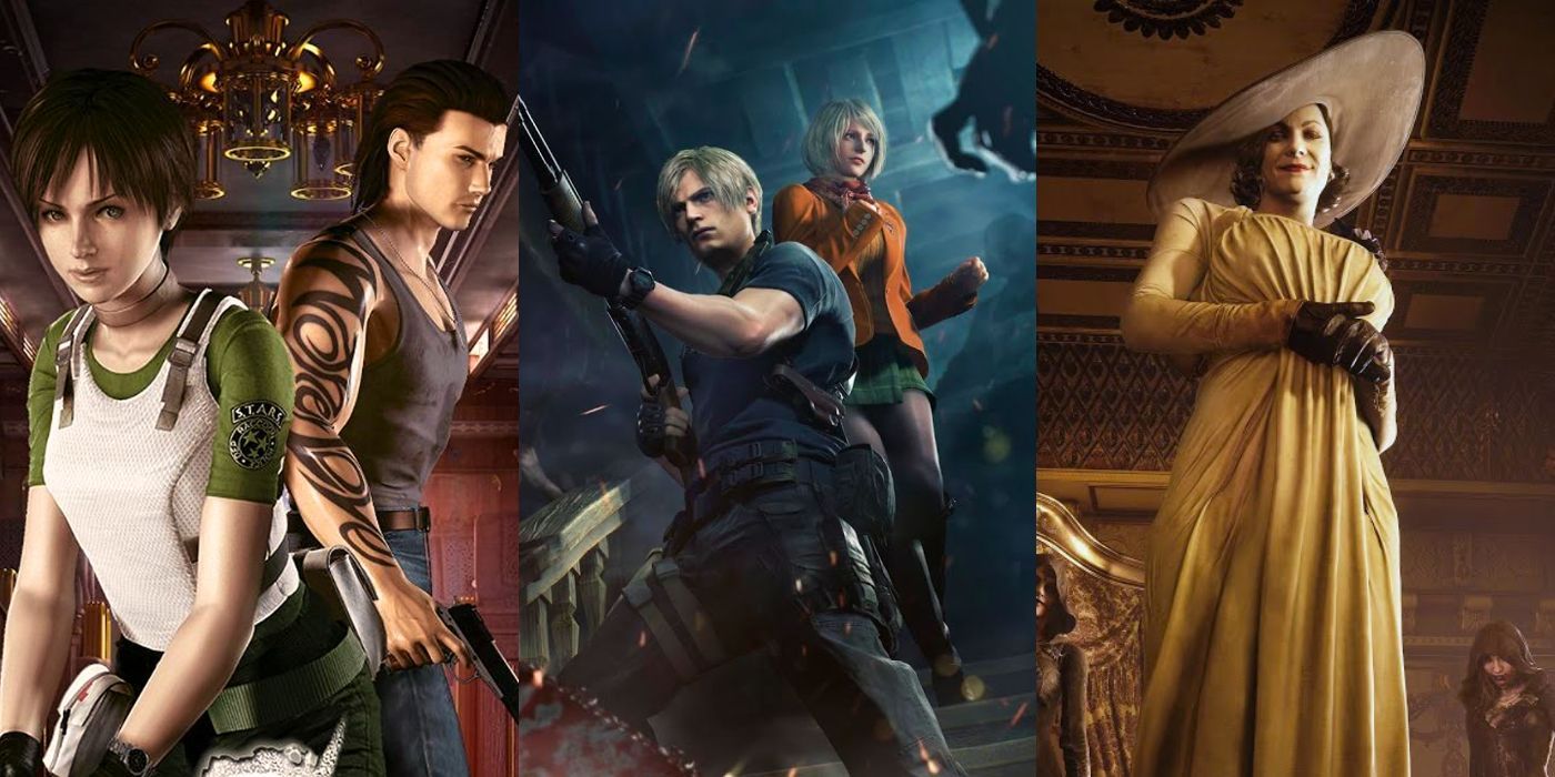 Key art for Resident Evil 0, Resident Evil 4, and Resident Evil Village side by side.