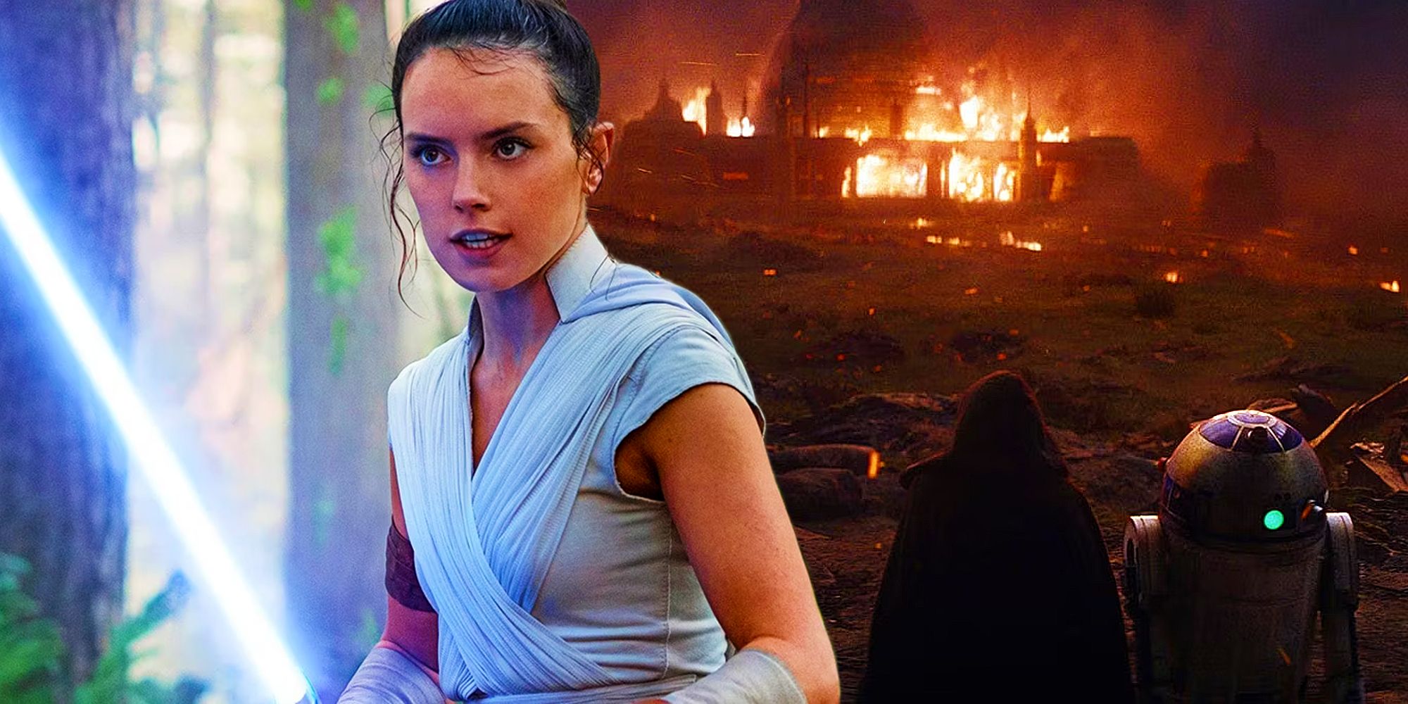 Rey Skywalker wielding her blue lightsaber and Luke Skywalker watching his Jedi Temple burning with R2-D2