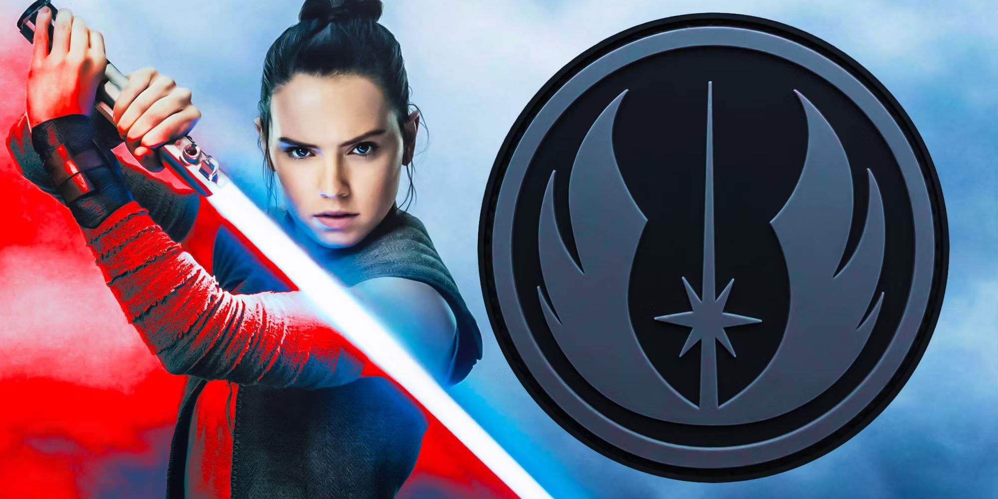 Rey with her blue lightsaber, with the boottom left corner shaded in red while the right side of the image has a grey Jedi Order logo.