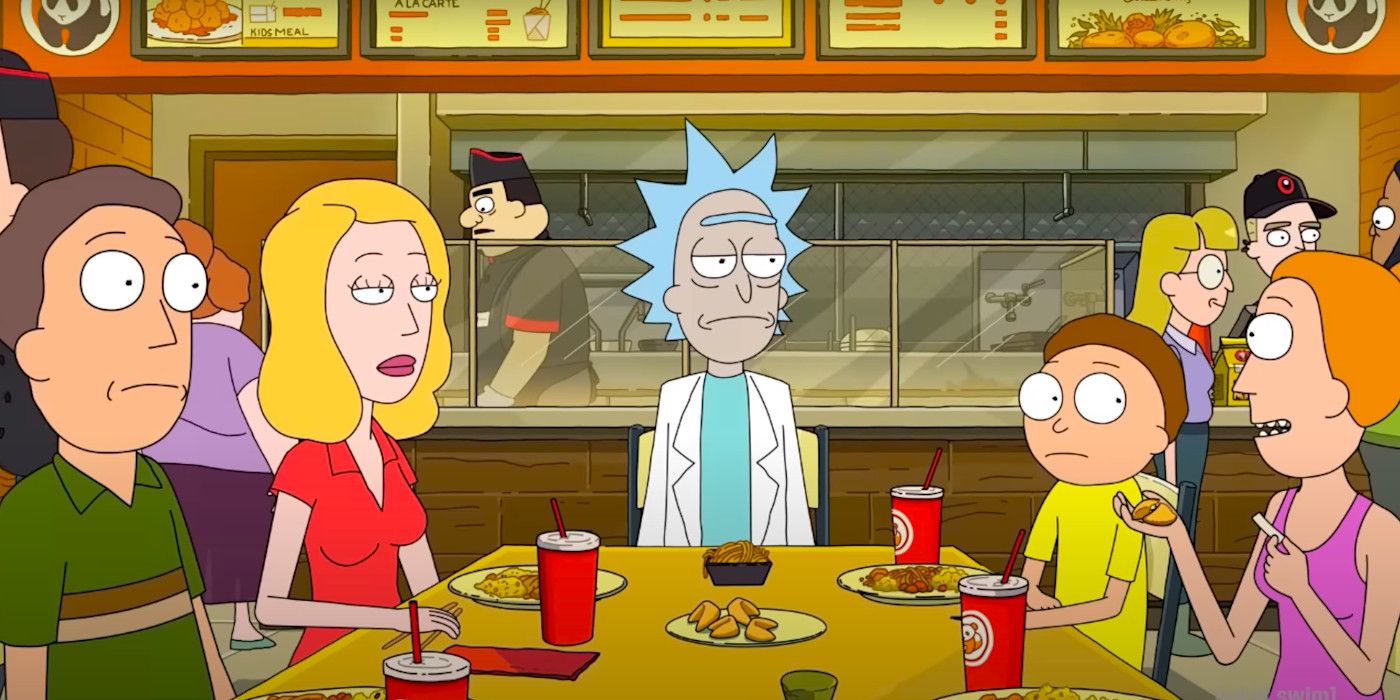 Rick, Morty, Jerry, Beth and Summer in Rick and Morty season 6, sitting around a table at Panda Express having a nice family moment