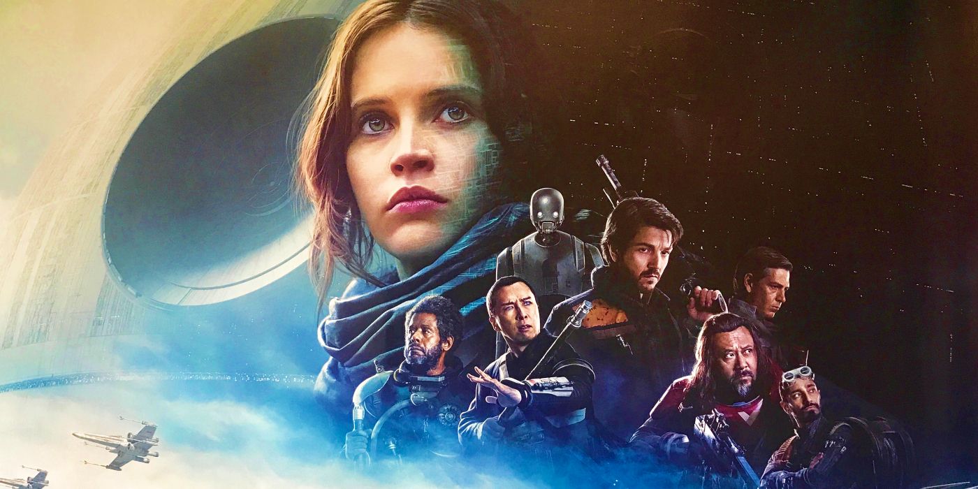 The poster for Rogue One: A Star Wars Story featuring a collage of Felicity Jones and the cast