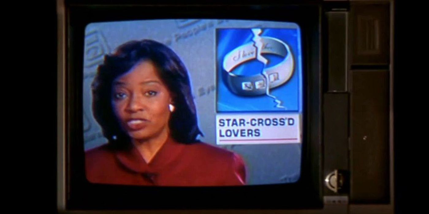 An image of a news reporter on the TV in the 1996 movie, Romeo + Juliet.