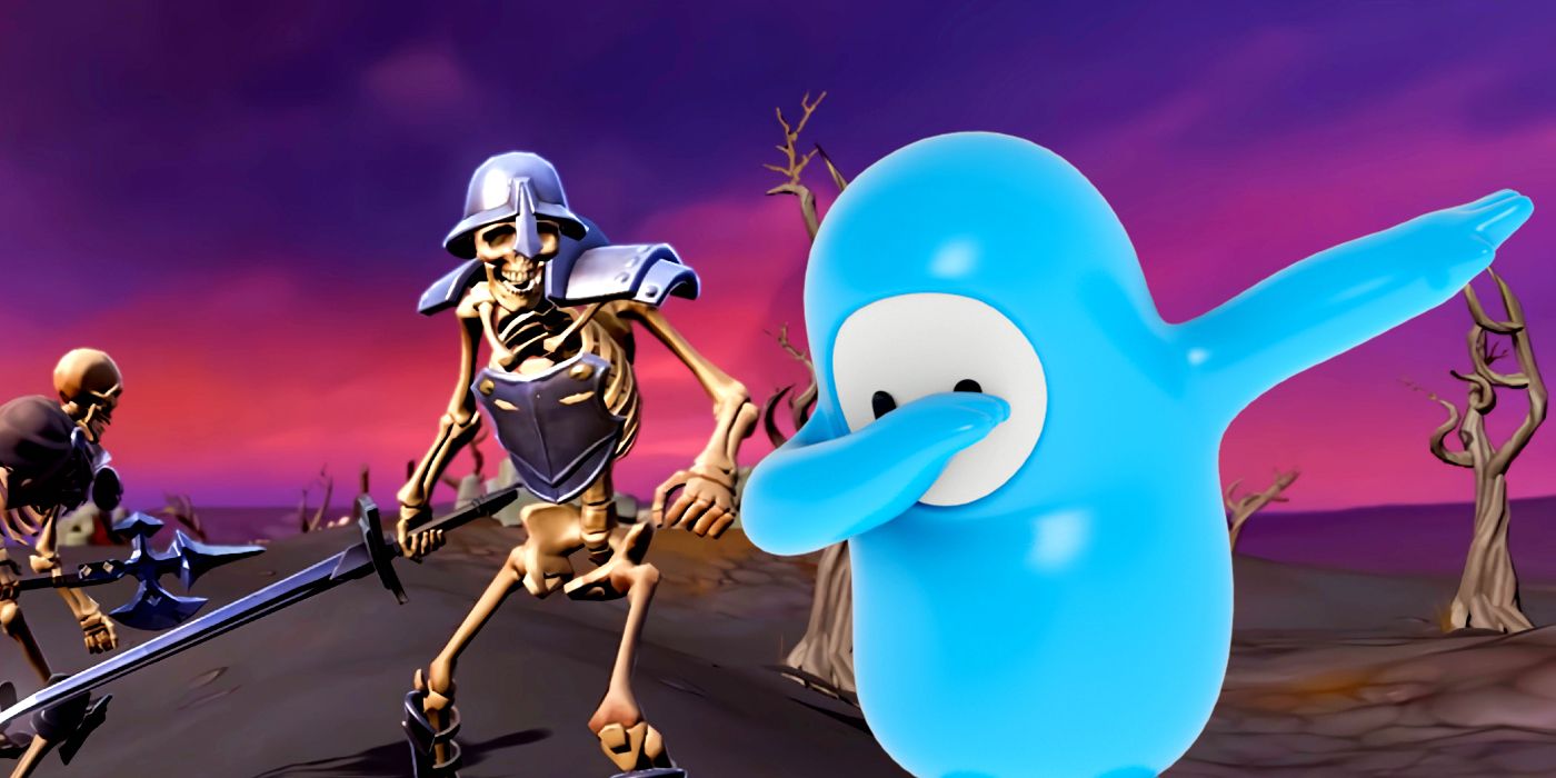 A Fall Guy dabbing in front of skeletons in RuneScape.