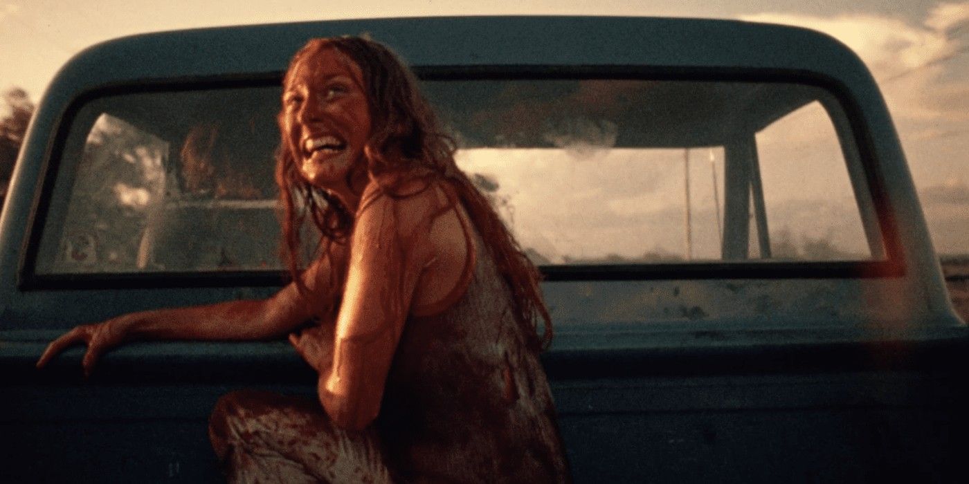 A bloodied Sally riding in the back of a truck in The Texas Chain Saw Massacre