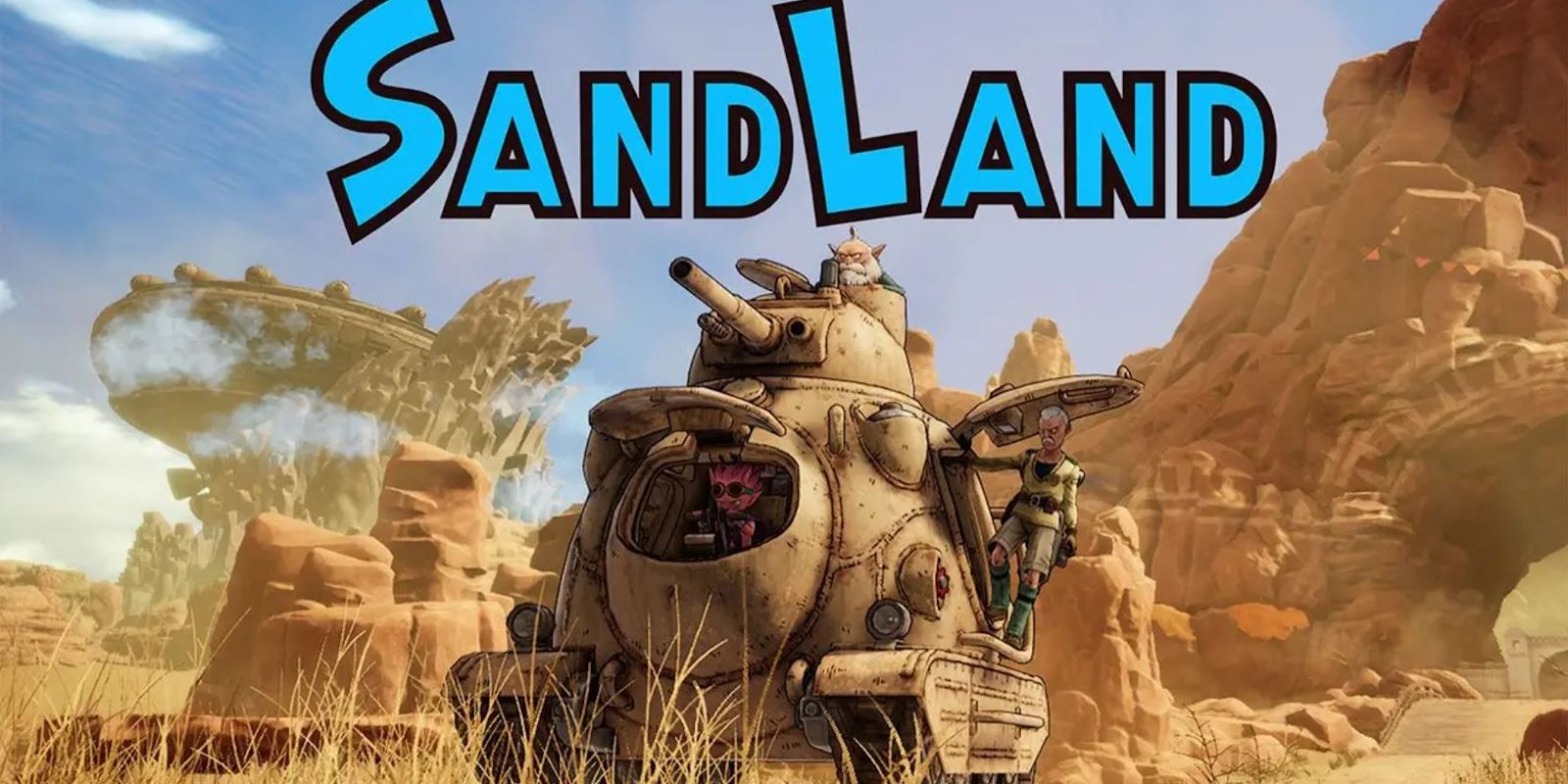 Video game Sand Land menampilkan karakter di mesin tank di padang pasir