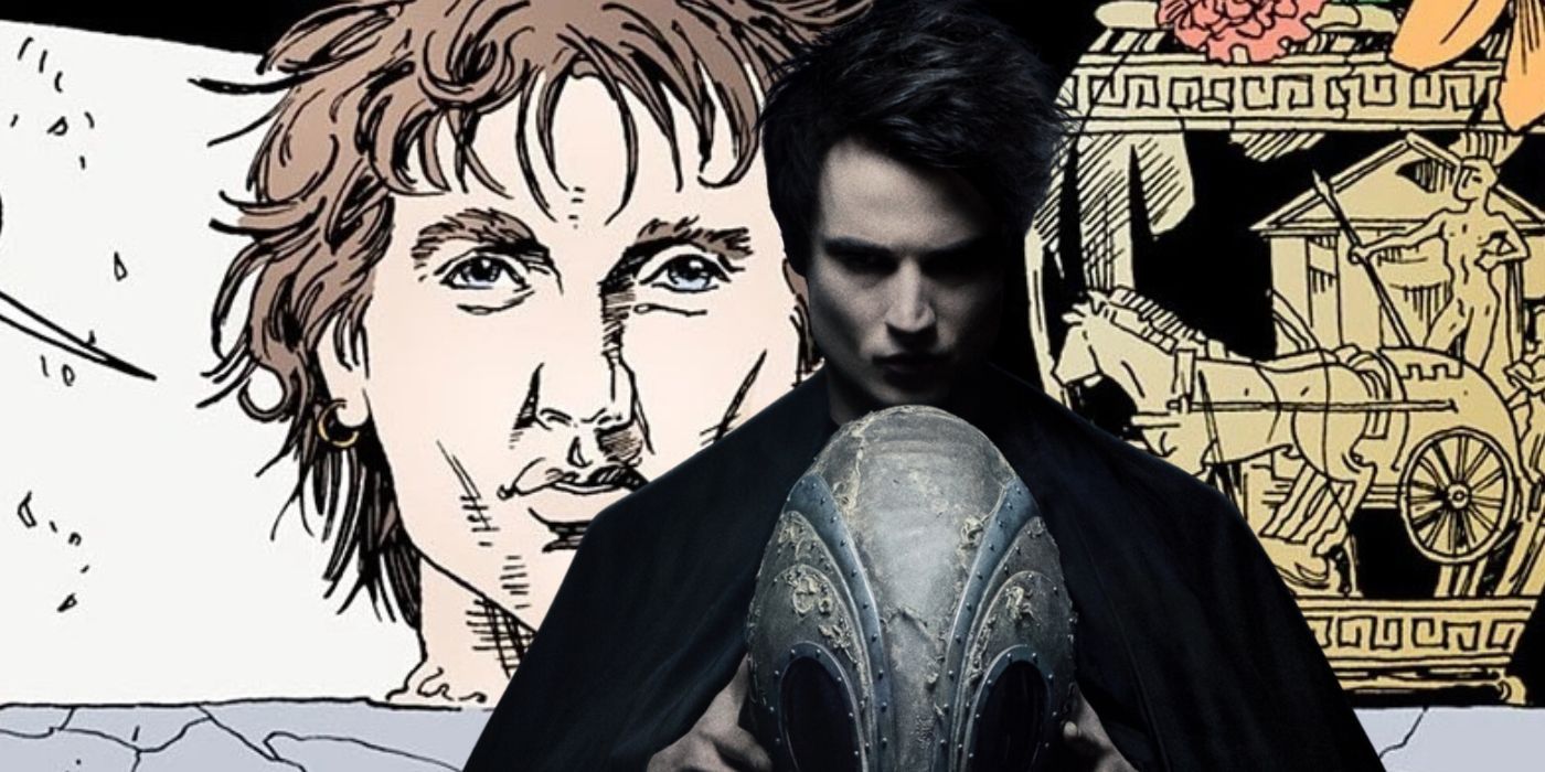 Blended image of Sandman holding his mask and animated Orpheus in the background