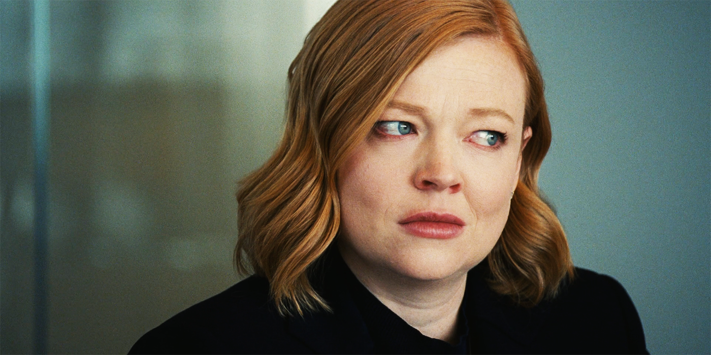 A closeup of Sarah Snook as Shiv Roy looking angry and sad in Succession 