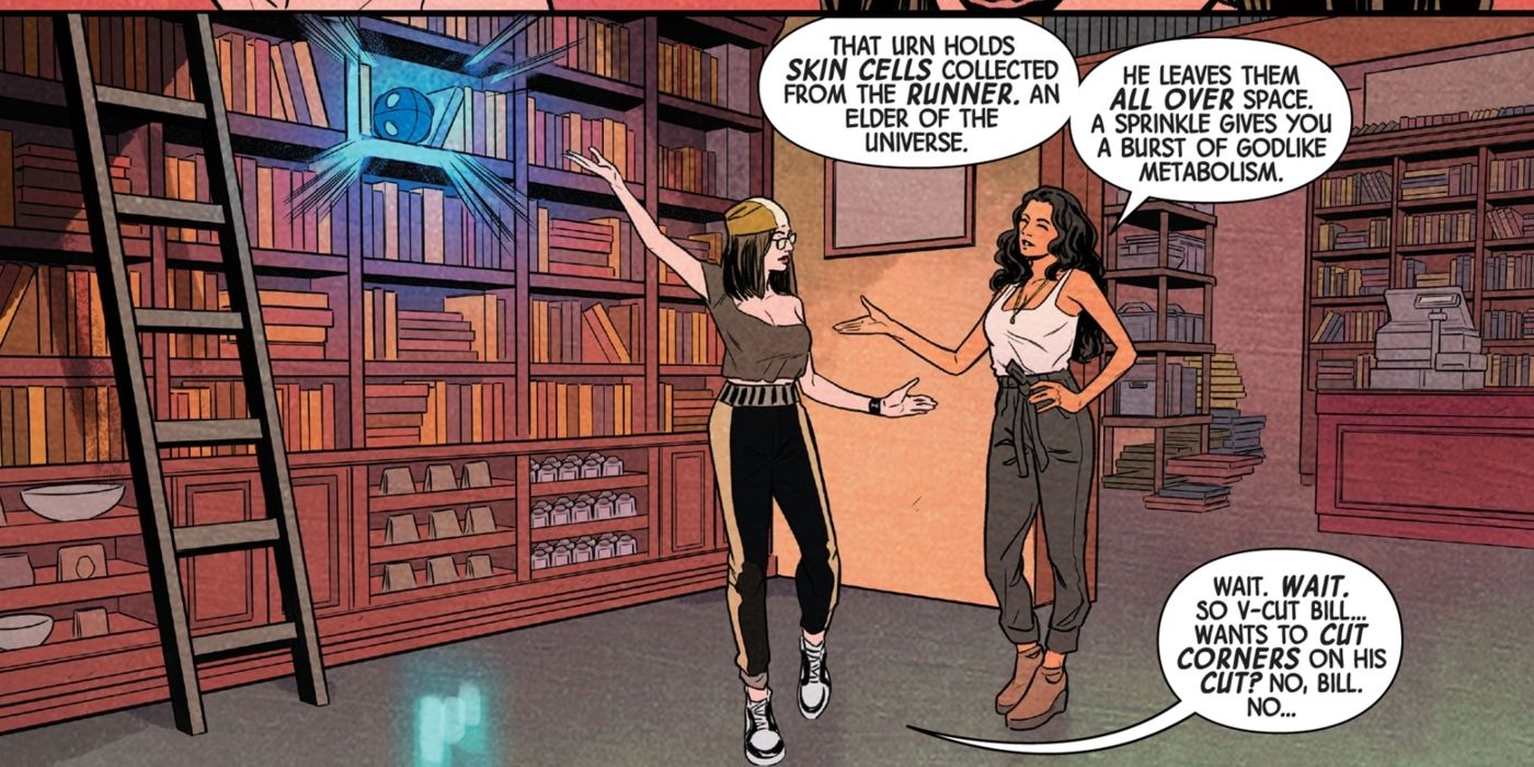 Scarlet Witch explaining a magical artifact.