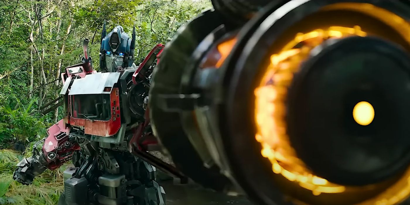 Optimus Prime wielding a big gun in Transformers Rise of the Beasts