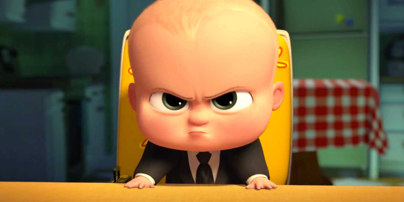 Boss Baby glaring from his high chair in The Boss Baby