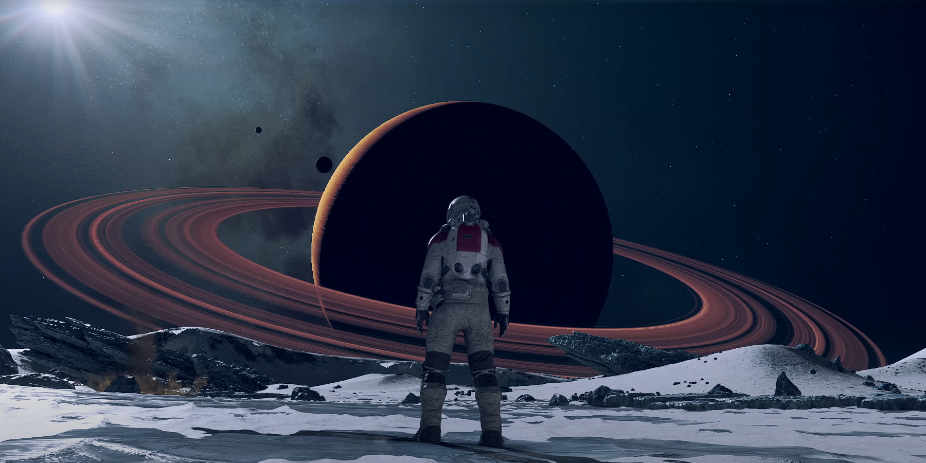 Seorang astronot berdiri melihat planet bercincin di Starfield