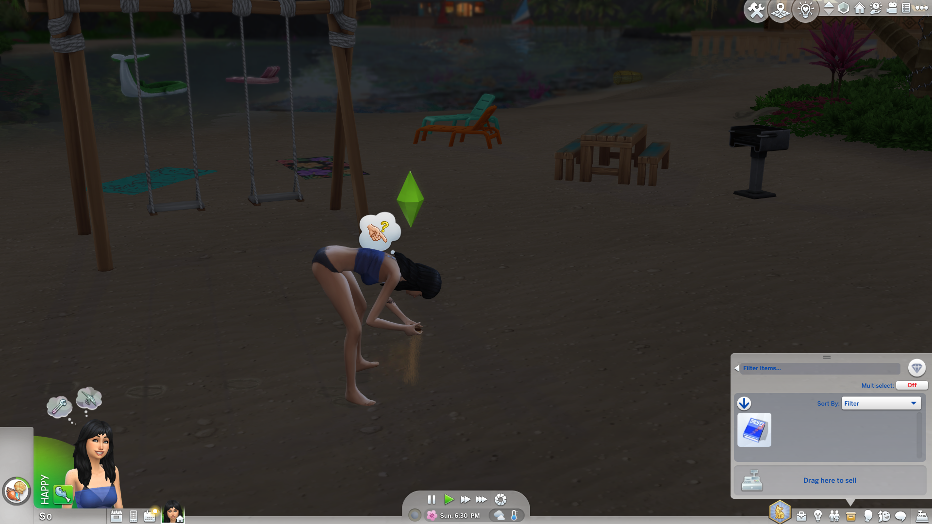 A sim digging in the sand in The Sims 4