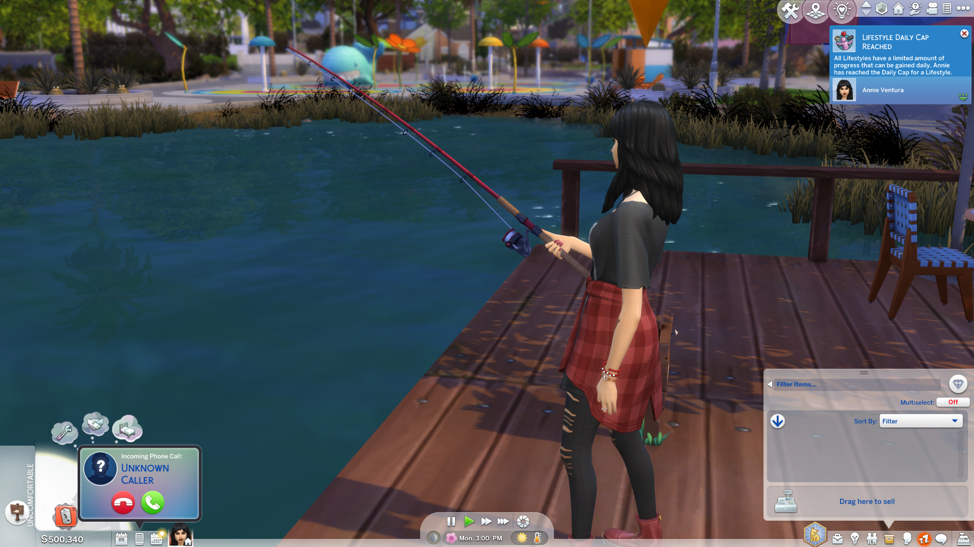 Sim pescando em uma doca no Sims 4