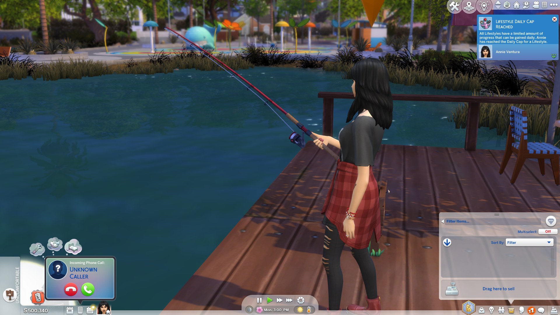 Sim memancing di dermaga di Sims 4