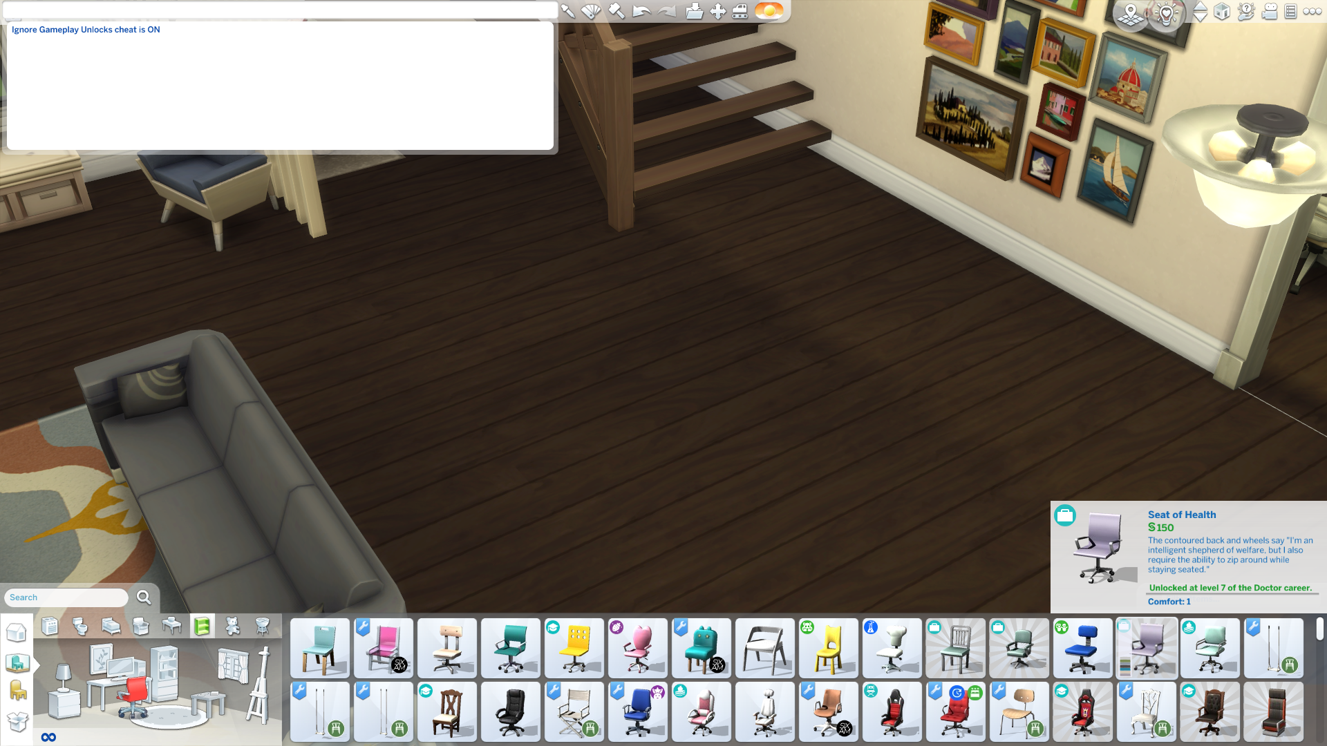 The Sims 4 Furniture screen showing unlocked furniture