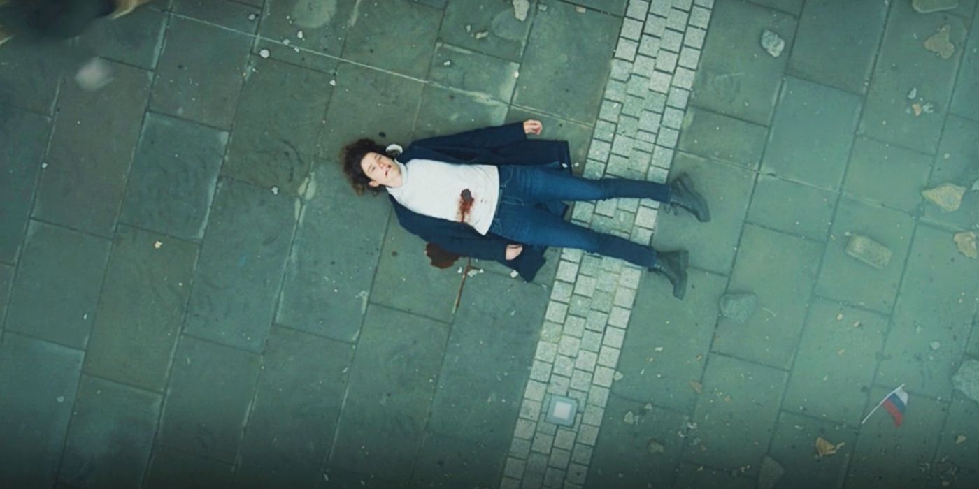 Cobie Smulders as Maria Hill lying dead with blood pouring from her stomach in Secret Invasion episode 1's ending.