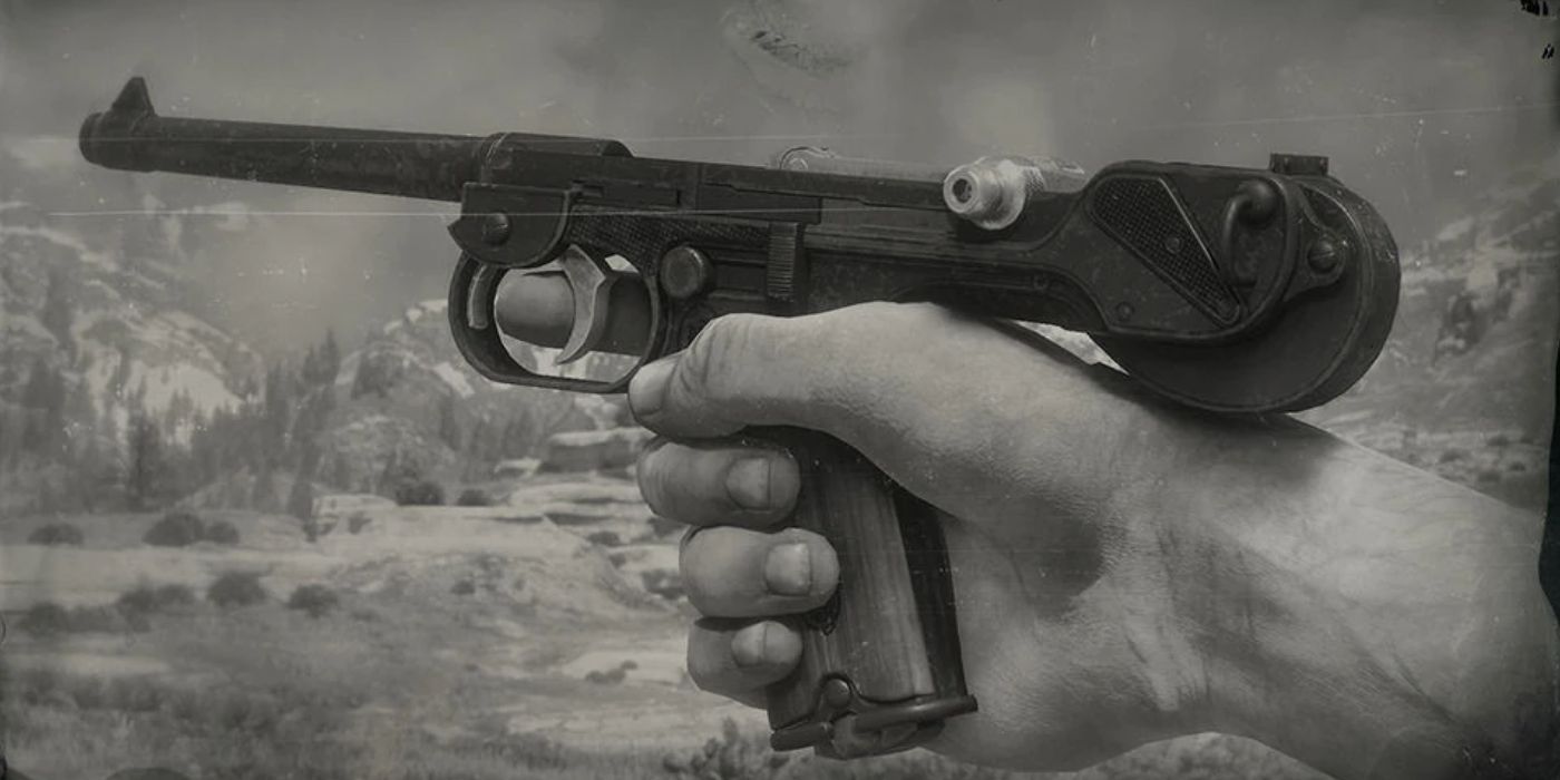 Gambar hitam-putih seseorang yang memegang Pistol Semi Otomatis di RDR2.