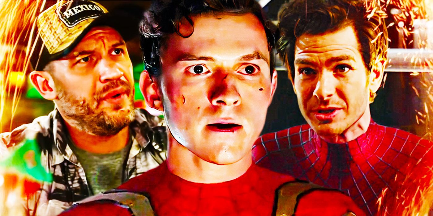 Tom Hardy as Eddie Brock, Tom Holland, and Andrew Garfield as Spider-Man in No Way Home