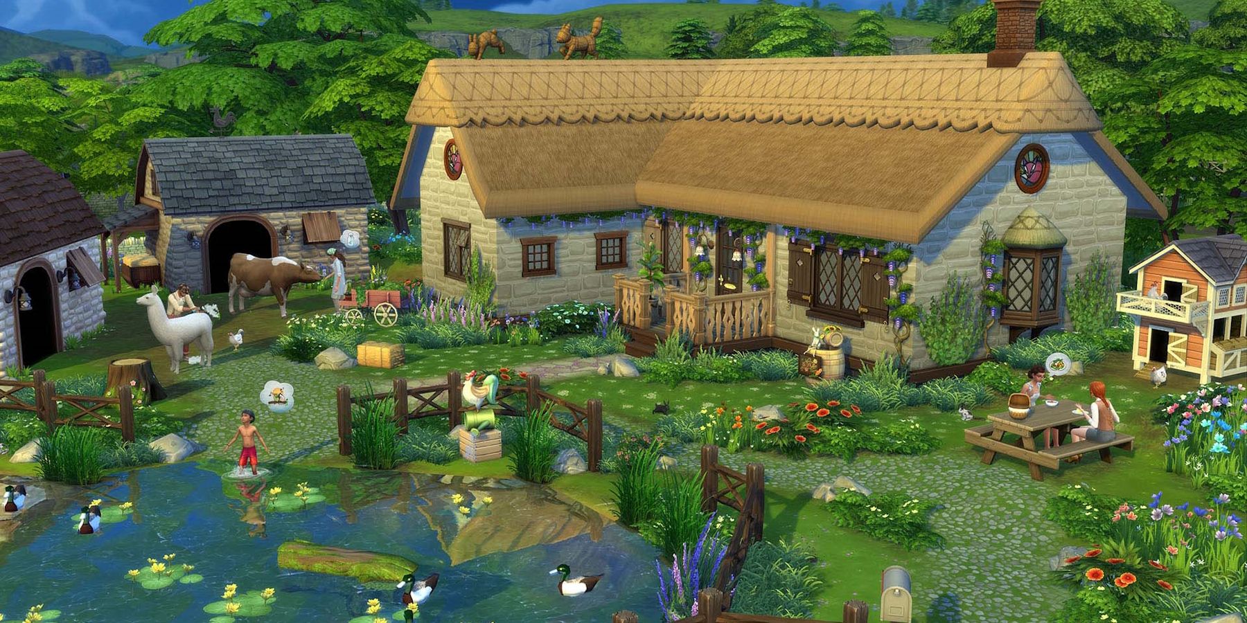 Sims 4 Cottage Living, gambar cottage yang bagus dengan binatang dan kolam bebek serta anak-anak bermain di Sims 4