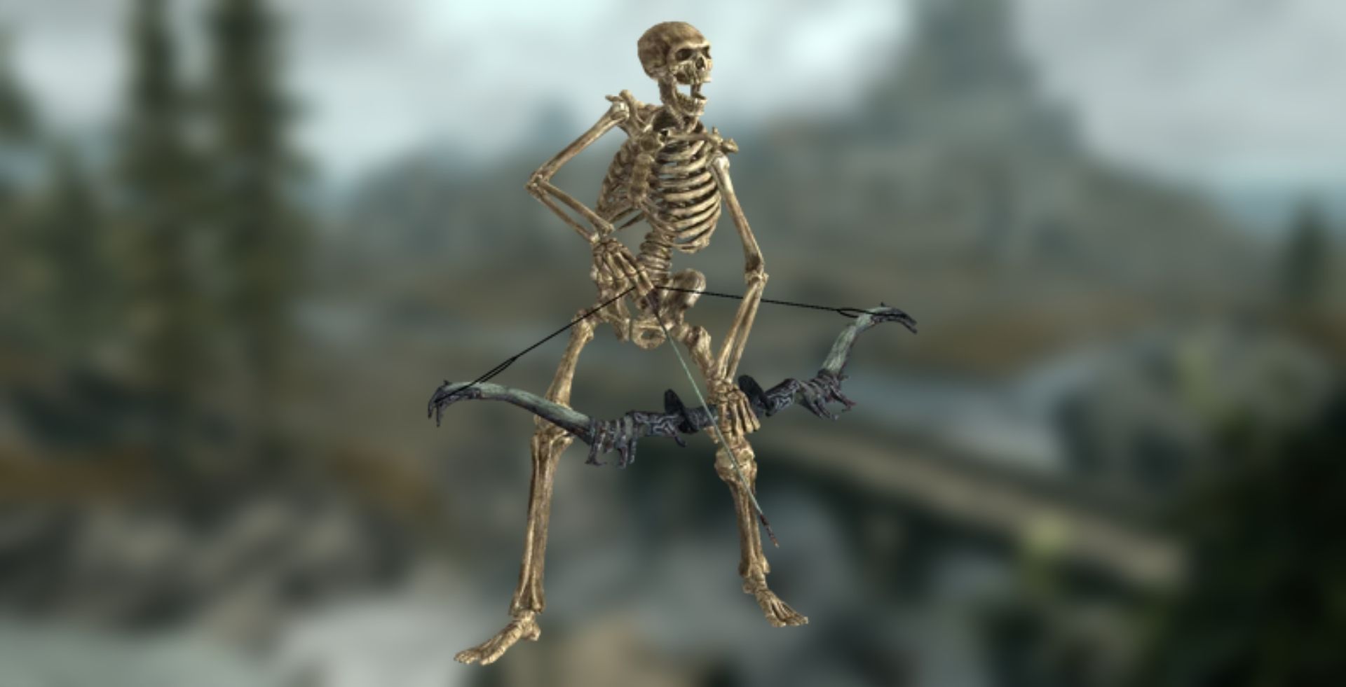A render of a skeleton against a blurry screenshot of Skyrim.