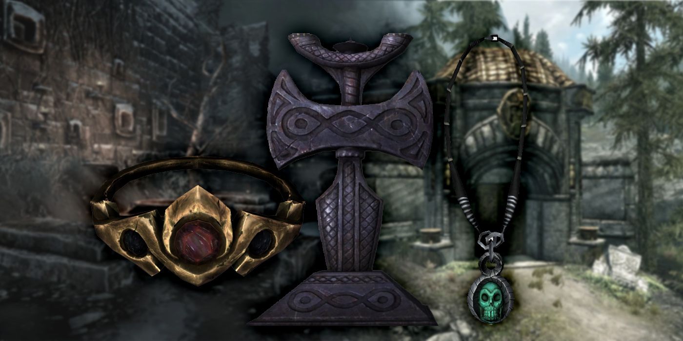 Windhelm's graveyard and a dwarven storeroom act as a background for three rendered objects, including the Diadem of the Savant and the Necromancer Amulet.