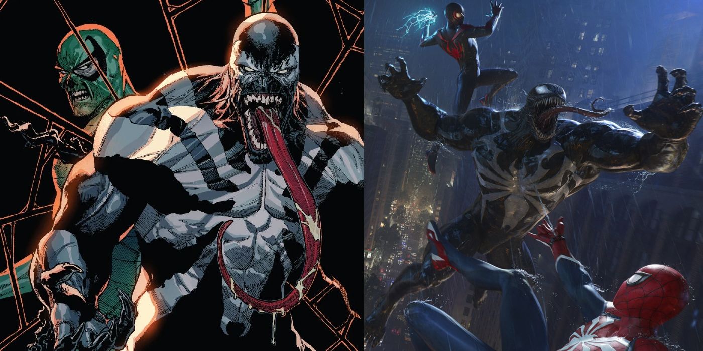 Venom de Mac Gargan dos quadrinhos ao lado da revelação completa de Venom em Marvel's Spider-Man 2