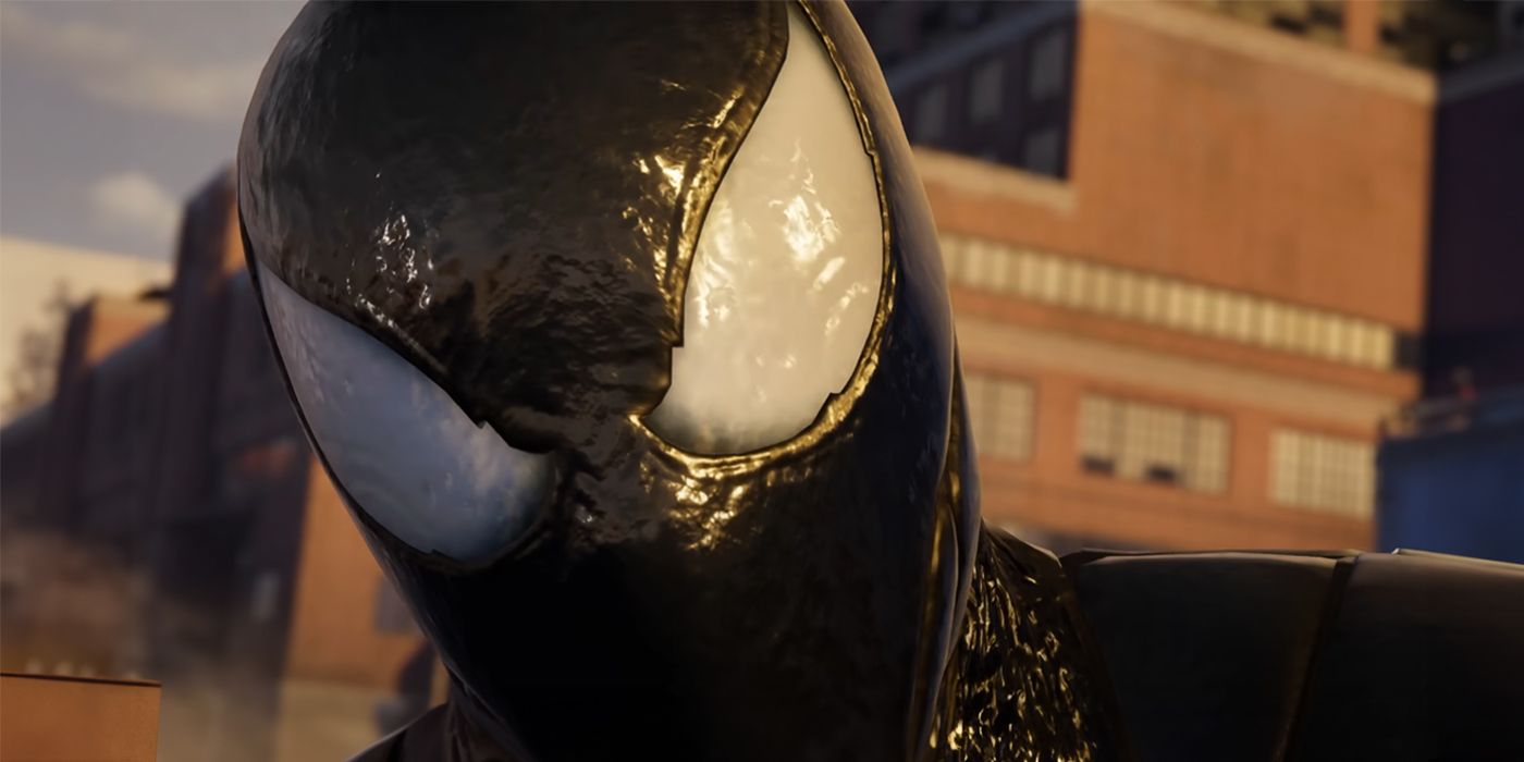 Tampilan close-up Peter Parker dalam setelan symbiote Venom menatap langsung ke kamera.  Matanya telah bergeser untuk memasukkan lebih banyak titik sudut yang lebih mengingatkan pada Venom daripada Spider-Man