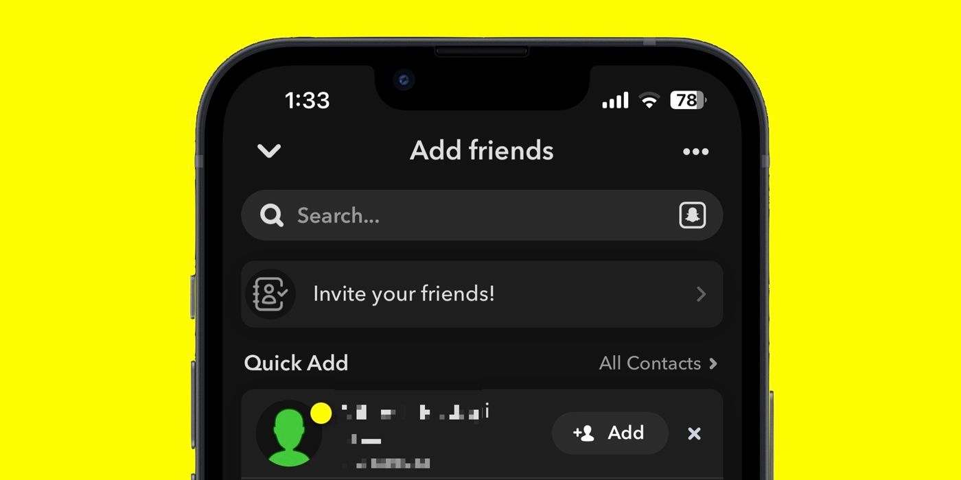 Snapchat yellow dot in Quick Add
