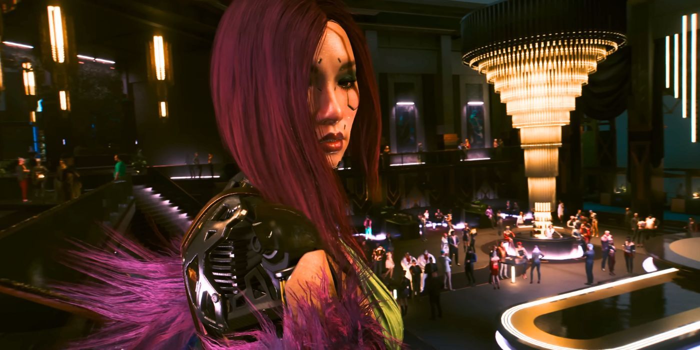 Tampilan close-up Songbird yang berdandan di pesta di Cyberpunk 2077 Phantom Liberty.