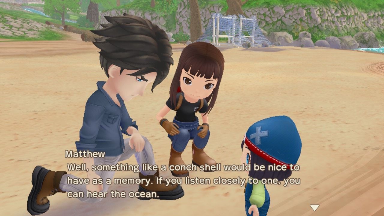 SoS AWL beach play scene showing the player, Matthew, and their child talking about shells.