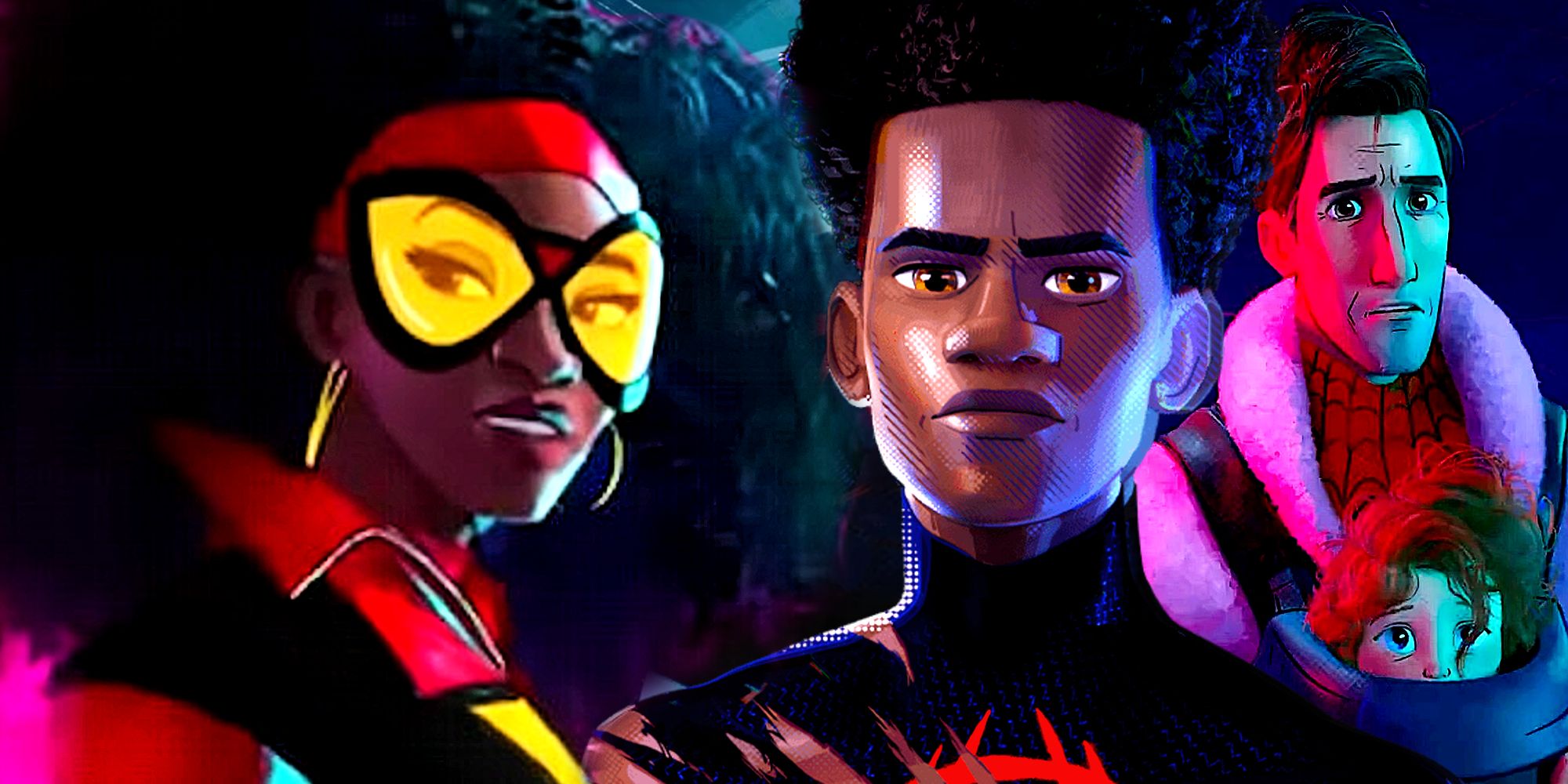 Spider-Woman, Miles Morales, and Peter B Parker in Spider-Man Across the Spider-Verse
