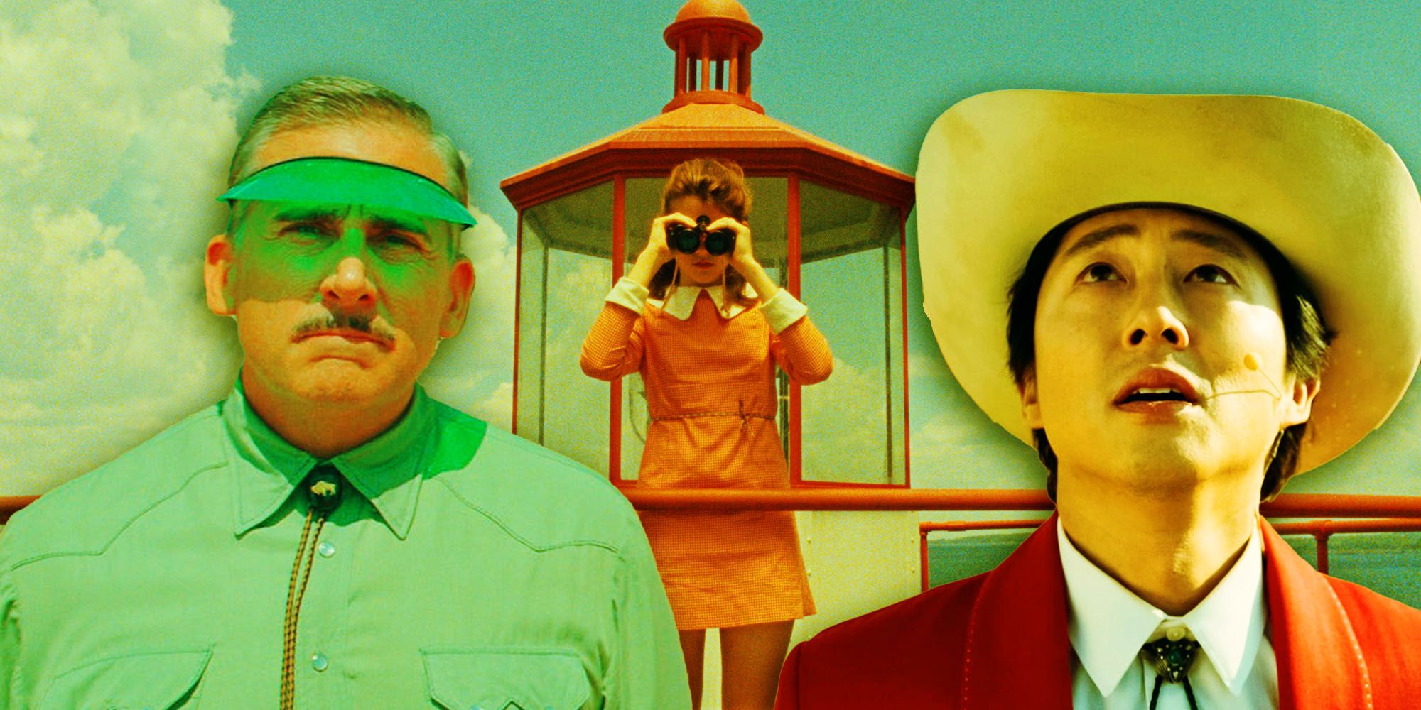 Split image of stills from Asteroid City, Moonrise Kingdom, and Nope