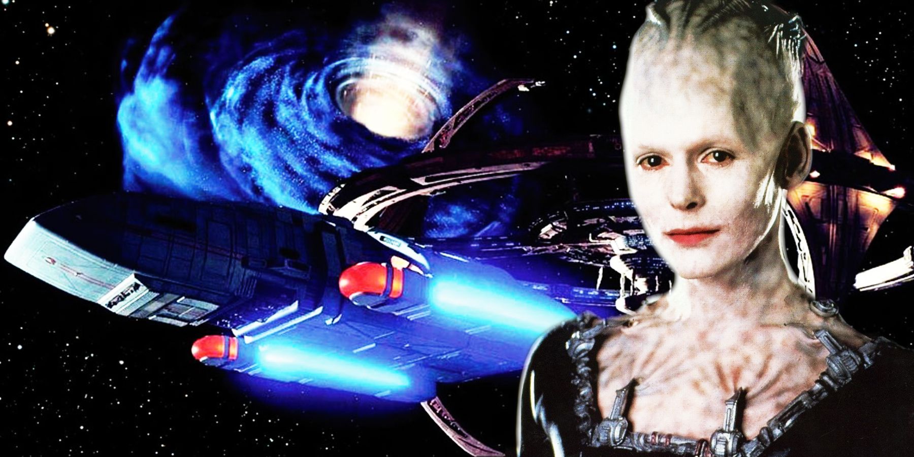 Alice Krige as the Borg Queen and Deep Space Nine orbiting the open wormhole